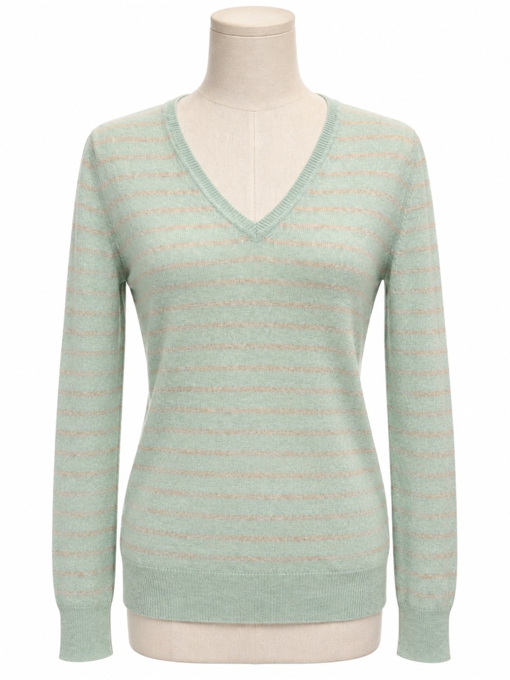 Lord & Taylor 100% Cashmere Striped V-Neck Sweater Mint Size Medium